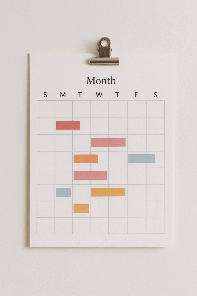 A calendar with different colored blocks, representing professional scheduling and time management of a virtual assistant