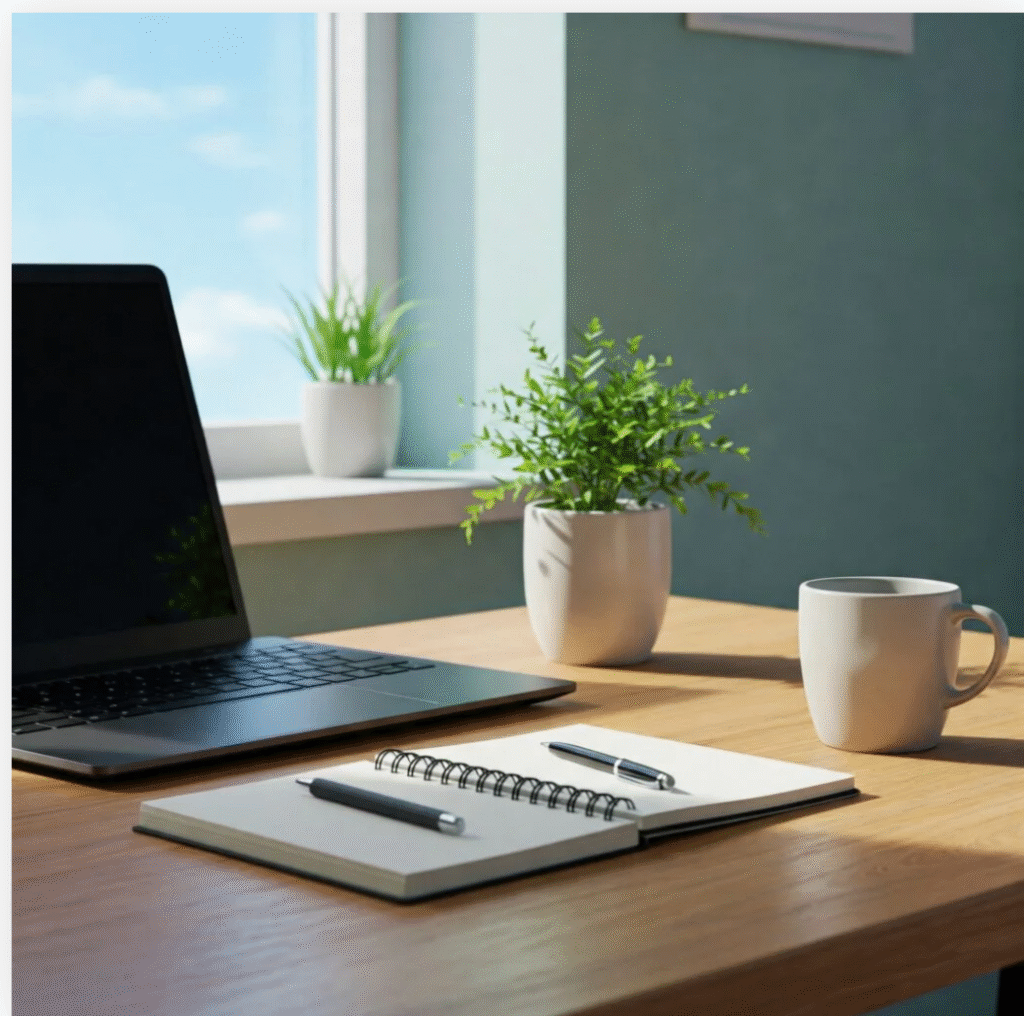 A professional virtual assistant workspace on a wooden desk with a laptop and coffee mug.