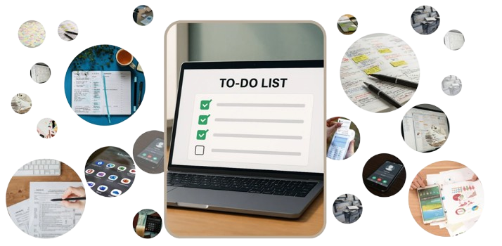 A collage of images centered on a to-do list on a laptop, surrounded by smaller circles showing various admin and business tasks.