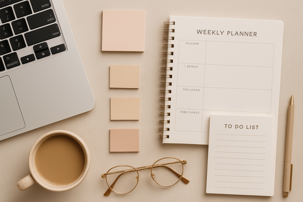 A professional workspace showing a planner and to-do list, symbolizing the streamlined organization and planning offered by a virtual assistant