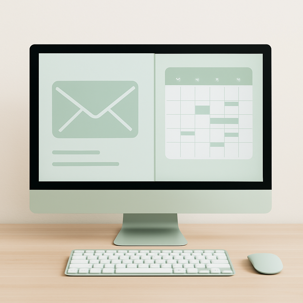 A computer screen displaying an email inbox and a calendar, representing professional help with managing communications and appointments