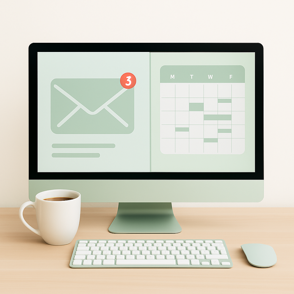 A desktop screen with an email notification and a calendar, symbolizing a solution to inbox overwhelm and scheduling challenges.