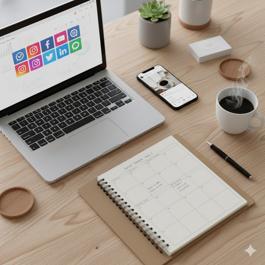 A phone displaying various social media app icons, representing professional social media management services.